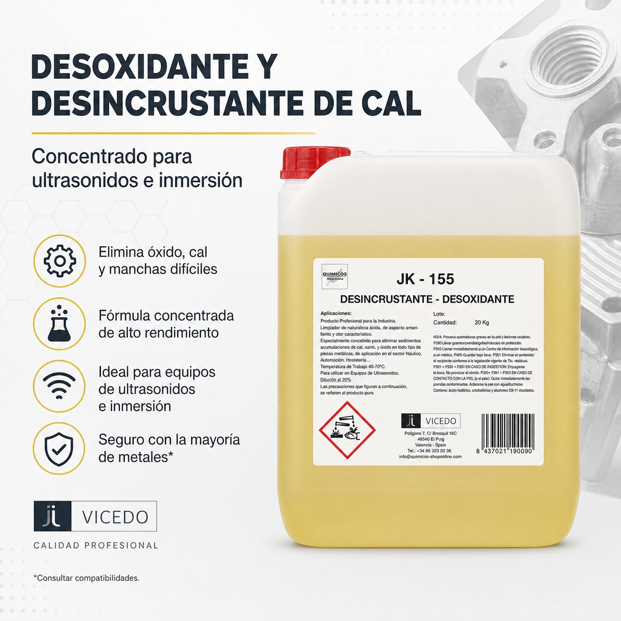 JK-155 Desoxidante y Desincrustante de Cal Concentrado 20 kg para Ultrasonidos e Inmersión, Elimina Óxido y Depósitos Calcáreos en Superficies Metálicas.