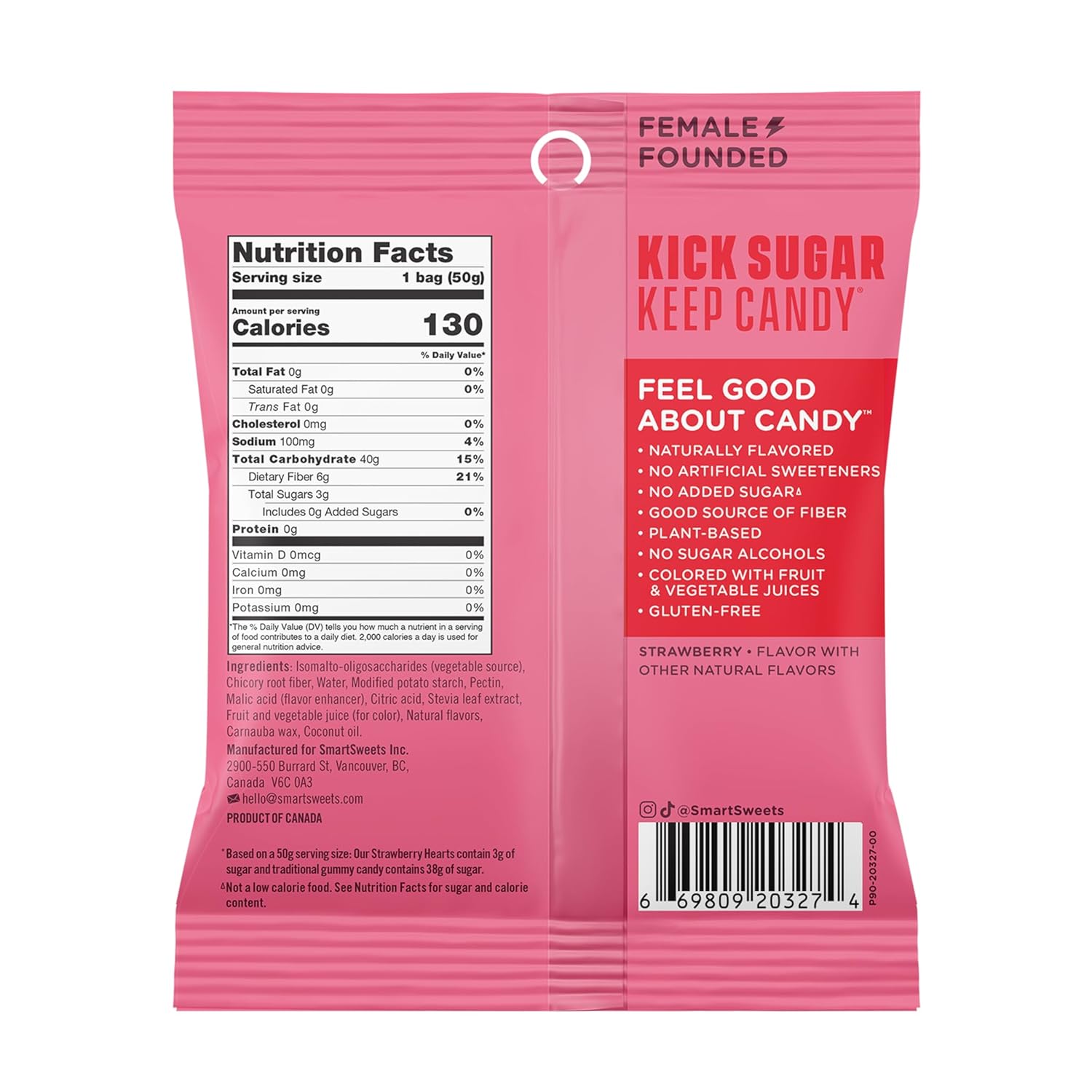 SmartSweets Strawberry Hearts, Gluten Free Gummies, Plant Based, Healthy Snacks for Adults & Kids, Fun Chewy Candy, Low Calorie, Low Sugar Snack, No Artificial Sweeteners, 50g Bags, 14 Pack
