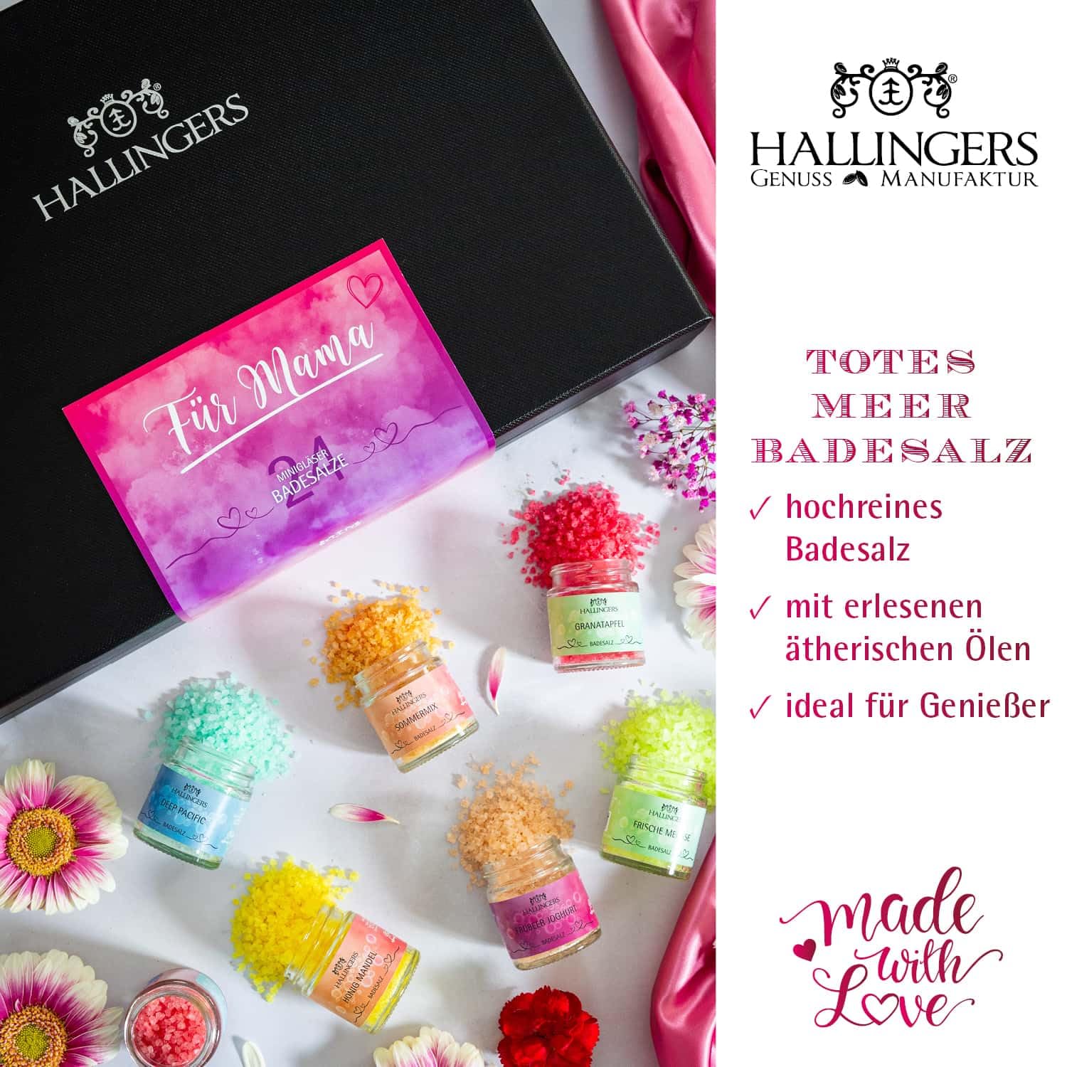 Hallingers Genuss Manufaktur Badesalze Muttertagsgeschenk-Set - 24x Badezusatz mit Totes Meer Badesalz Geschenkbox, Badekristalle Fußbad & Spa ""Für Mama"", Geschenkidee für Mama Oma