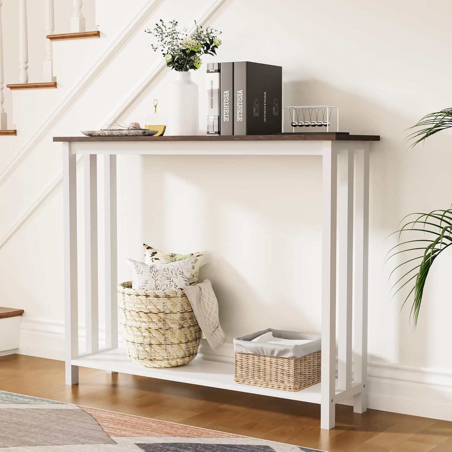 Farmhouse Solid Wood Console Table, 2 Tier Entryway Table with Storage Shelves, Narrow Sofa Table for Living Room, Hallway, Foyer, Entryway, Rustic White