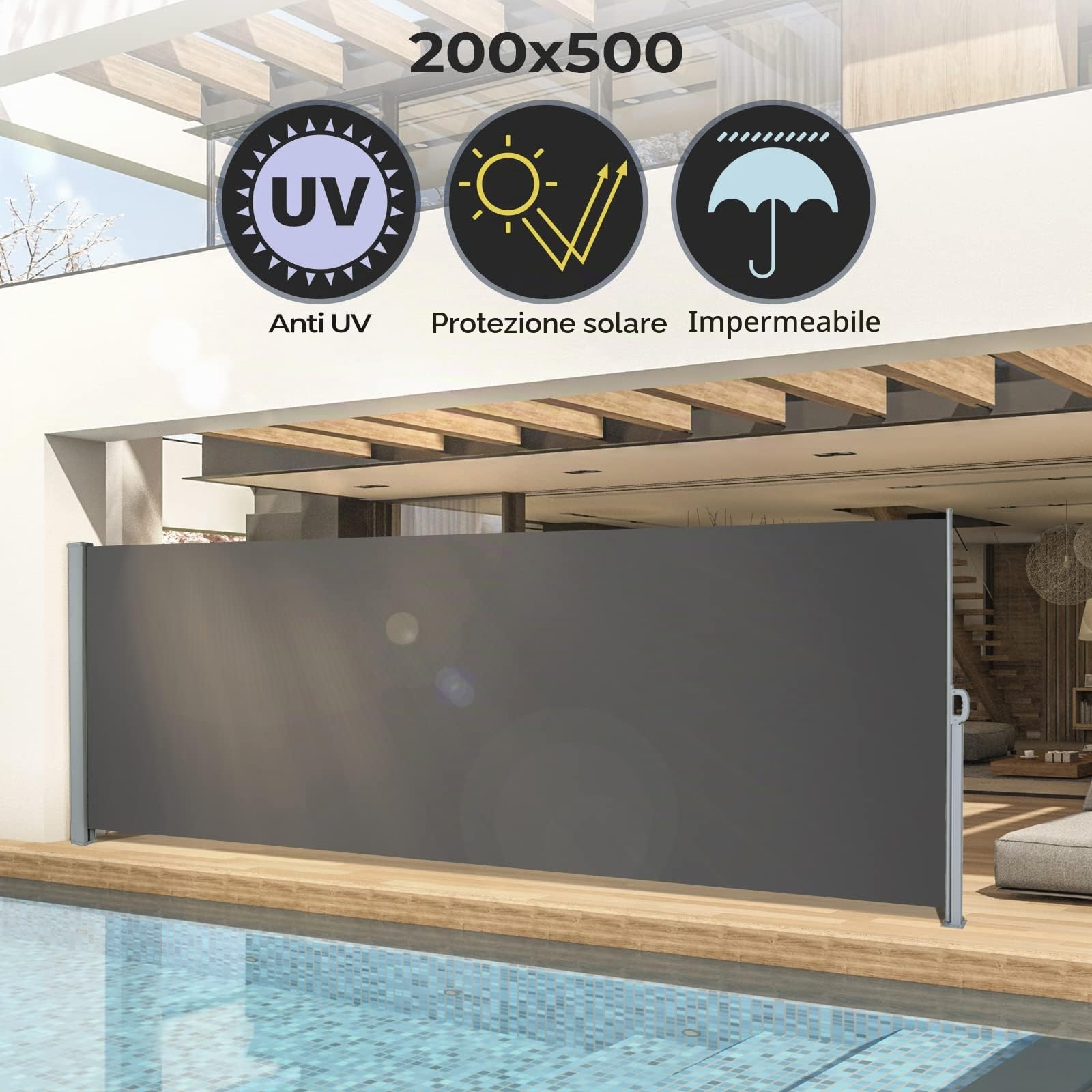 Jago® Tenda da Sole Laterale - 500 x 160/180/200 cm, Anti UV, Frangivento, Frangivista - Paravento Laterale, Rettratile, Avvolgibile, da Esterno, Giardino, Balcone, Terrazzo (200x500 cm, Antracite)