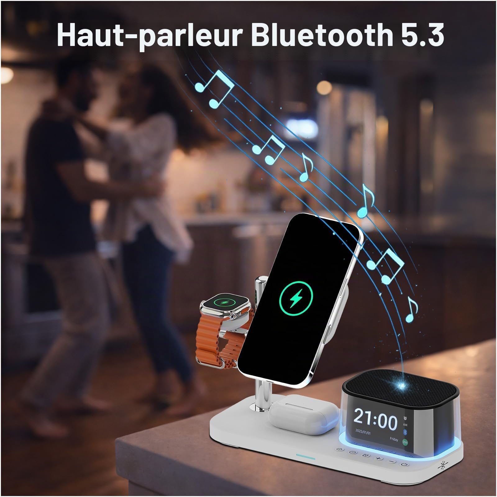 Chargeur sans Fil 5-en-1 avec Réveil, Haut-Parleur Bluetooth & Veilleuse LED pour MagSafe par MMOBIEL – Station de Charge sans Fil Qi2.2 25W pour iPhone, Apple Watch & AirPods – Blanc