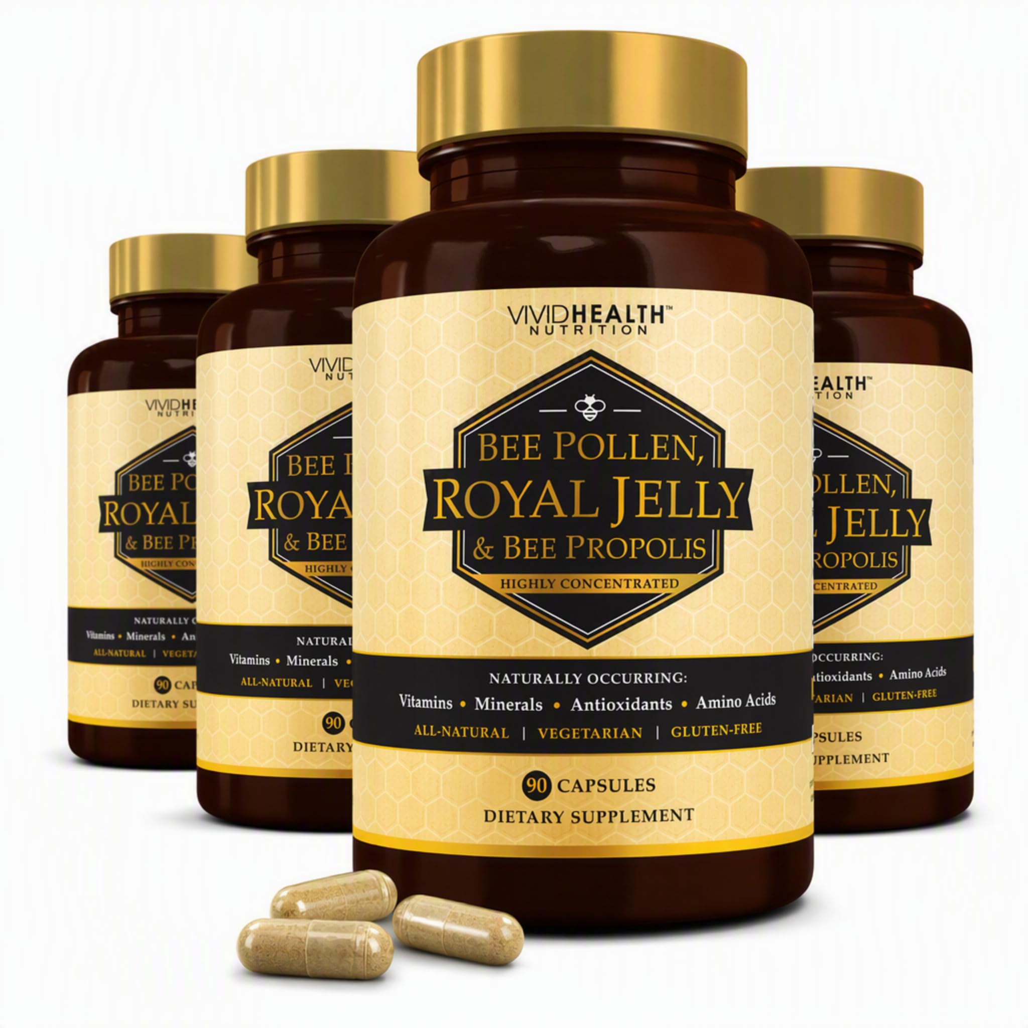 Royal Jelly Extract 400mg, Bee Pollen 1000mg, Bee Propolis 500mg, 4 Bottles