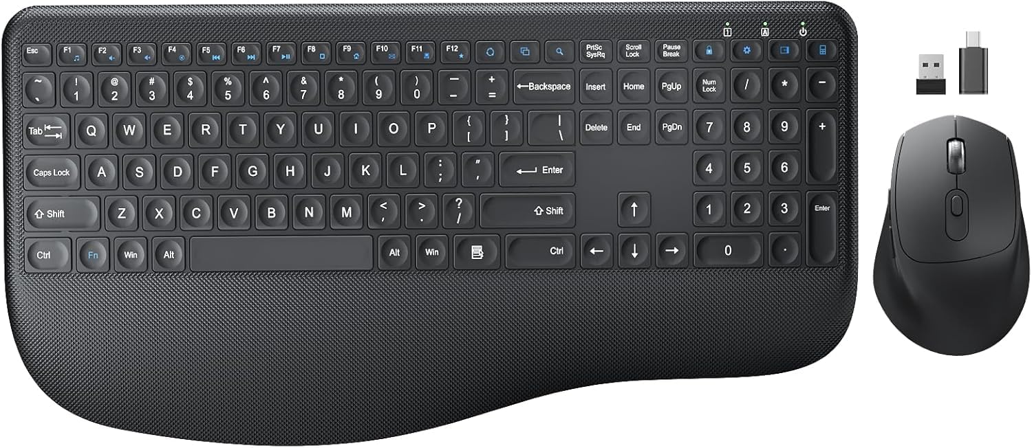 Wireless Keyboard and Mouse Combo, EDJO 2.4G Full-Sized Ergonomic Computer Keyboard with Wrist Rest and 3 Level DPI Adjustable Wireless Mouse for Windows, Mac OS Desktop/Laptop/PC(2 Pack)