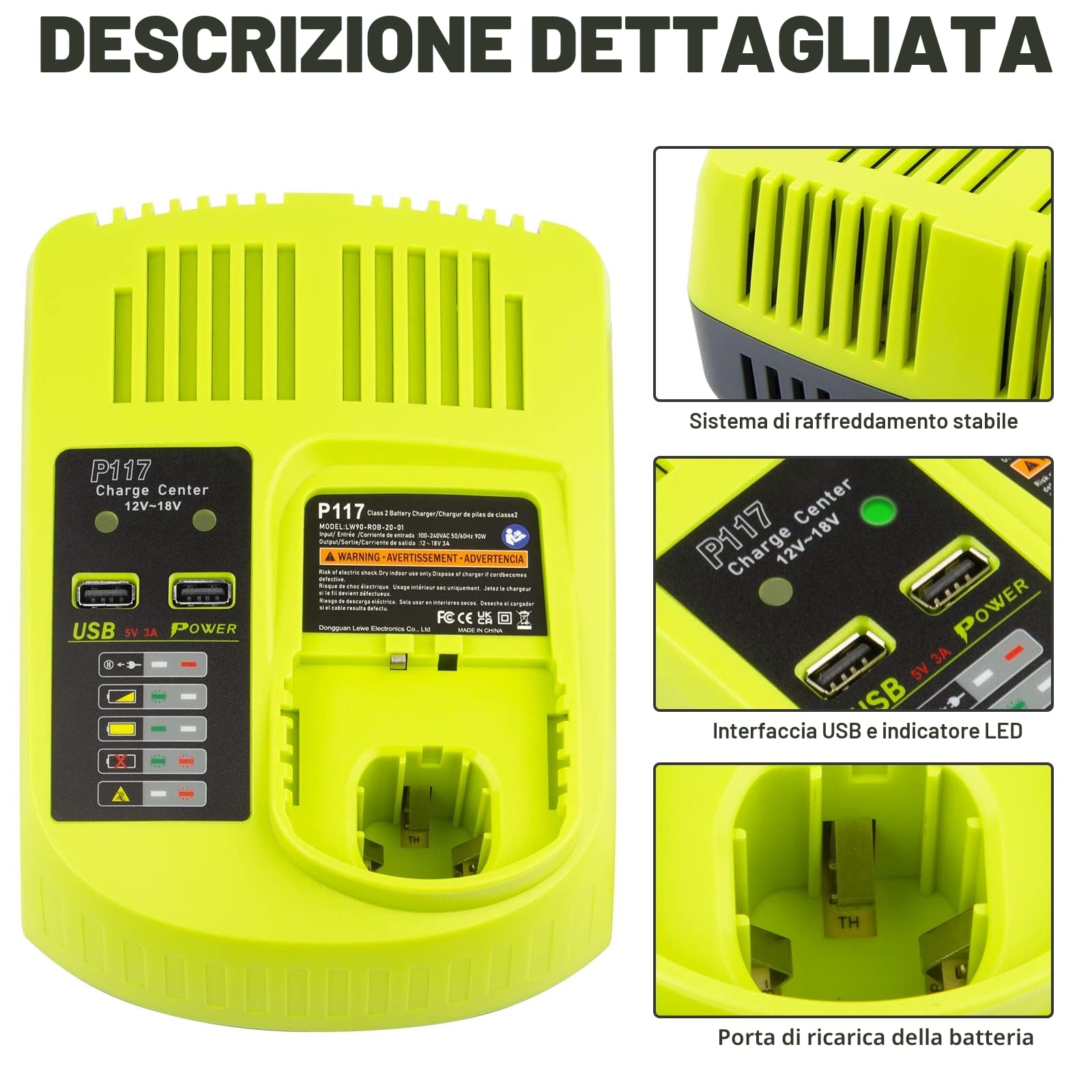 LabTEC RB18L50 18V 5Ah Batteria di Ricambio per Ryobi con Caricabatterie a Doppia Porta - Compatibile con One Plus Series USB P107 P108 RB18L15 RB18L40