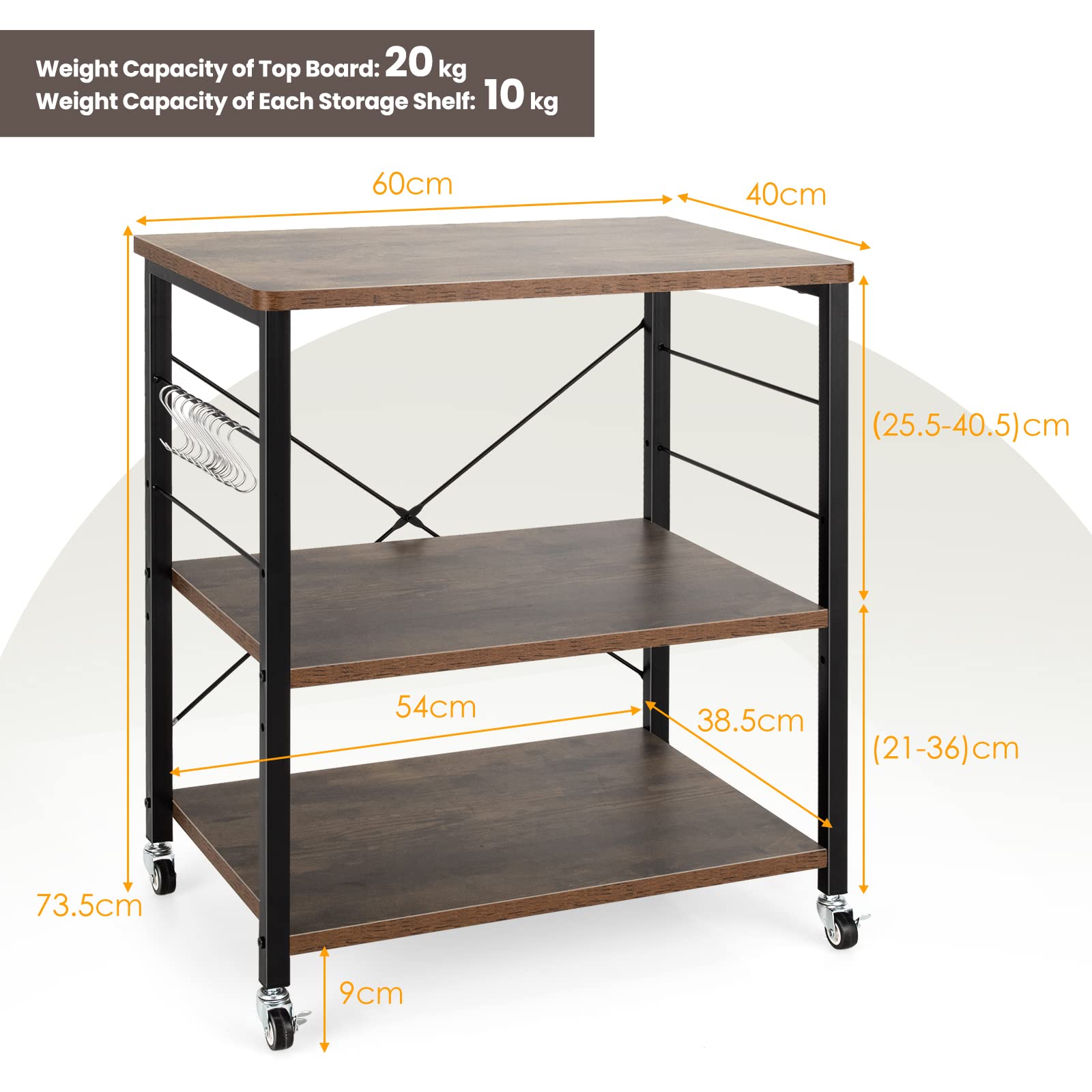 GIANTEX Servierwagen Küchenwagen auf Rollen, Küchenregal 3 Ebenen & 10 Haken, Druckertisch Druckerständer Industrie-Design, Küchenwagen Holz & Stahl, Standregal Gewürzregal 60 x 40 x 73 cm
