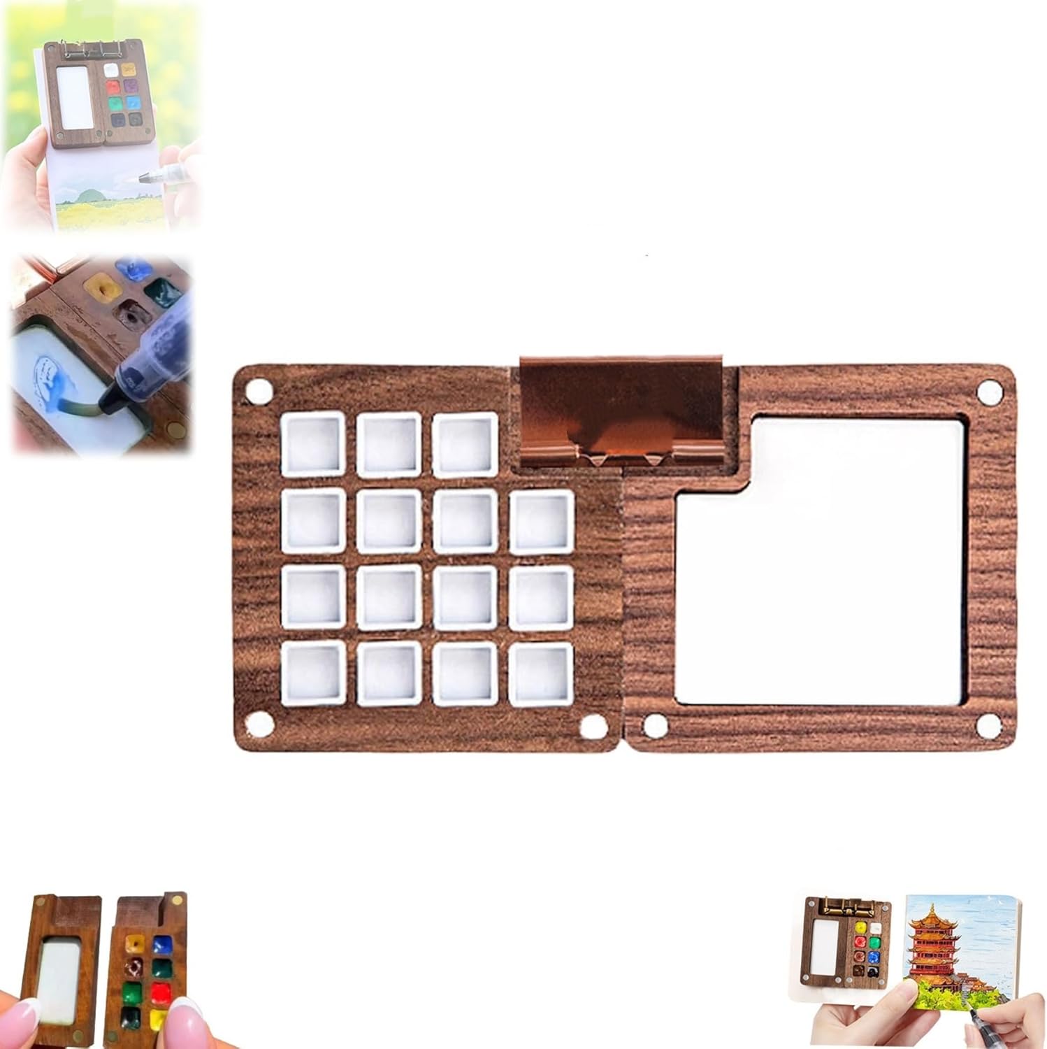 Watercolor Kit, Mini Watercolor Paint Set Paint Palette Travel Kit,Mini Wooden Watercolor Paint Set,Pocket Artist Watercolor Travel Sets (15 Grid-1PC)