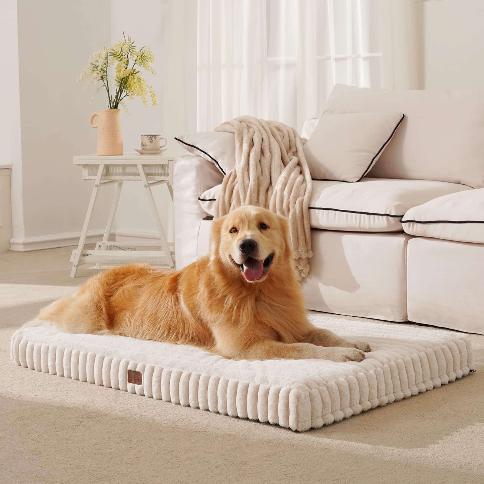 DOPEDIO Dog Bed Cream White L-Crate, Waterproof Removable Cover,Calming Crate Mattress with Anti Slip Bottom,Soft and Warm