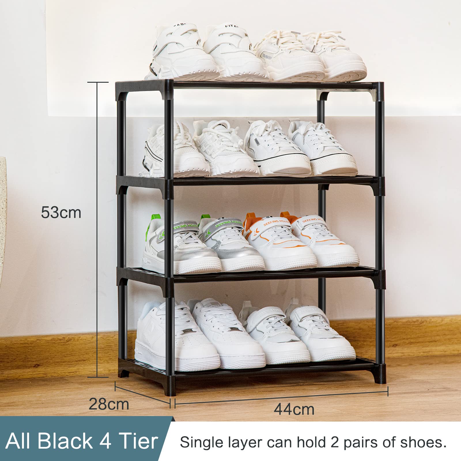 Zapatero pequeño apilable para armario de 4 niveles, organizador resistente para puerta delantera, entrada y entrada, estante de metal para zapatos, almacenamiento para armario, dormitorio, 3