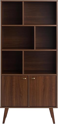 Prepac Milo Mid-Century - Estantería moderna con seis estantes, dos puertas y perillas con acabado de latón cepillado, color cereza