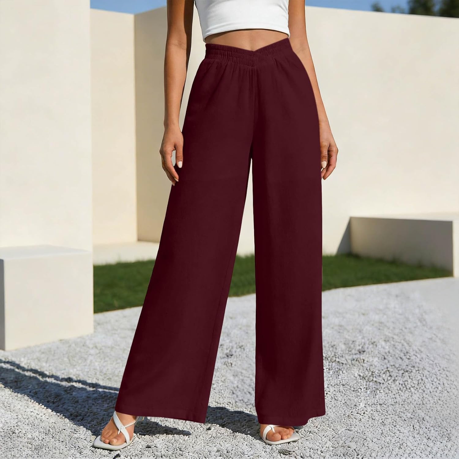 Linen Pants for Women Cotton Baggy Boho Casual Palazzo Pants Loose Fit Wide Leg Lounge Trousers with Pockets