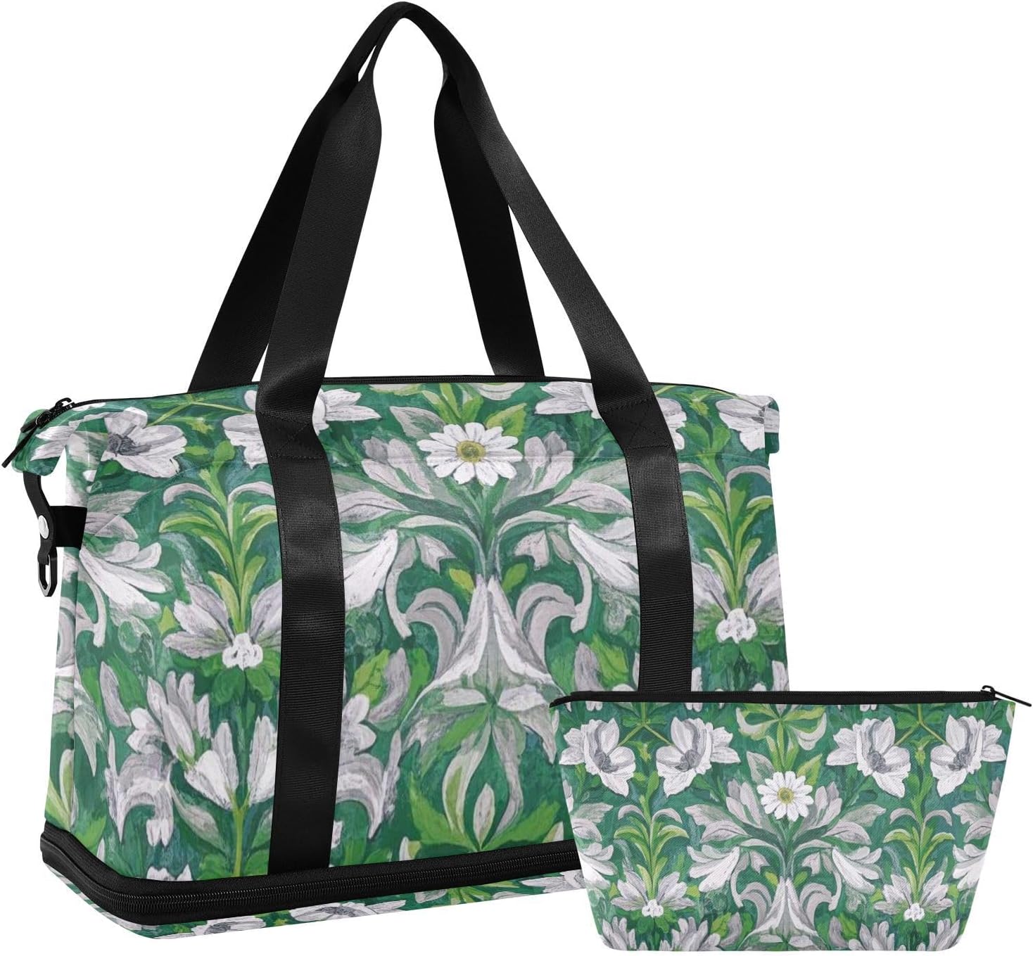 Fashion Vintage Floral Green White Travel Hand Bag Sports Gym Tote Bag with Toiletry Bag for Airplane Traveling Large Capacity