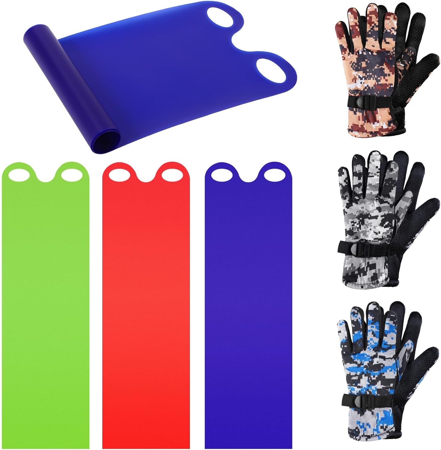 Leyndo 6 Pcs Lightweight Roll up Snow Sled 54 with Handles and Waterproof Winter Ski Gloves for Family Flexible Snow Sled Flying Carpet Durable Plastic Sleds for Beach Grass Sand
