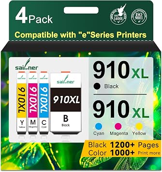 SAILNER 910XL Ink Cartridges Replacement for HP 910 Ink 910XL Ink Cartridges Combo Pack for HP 910 Work with OfficeJet Pro 8015e 8025e 8020e 8015 8020 8028e 8035e 8010e Printer 4 Pack