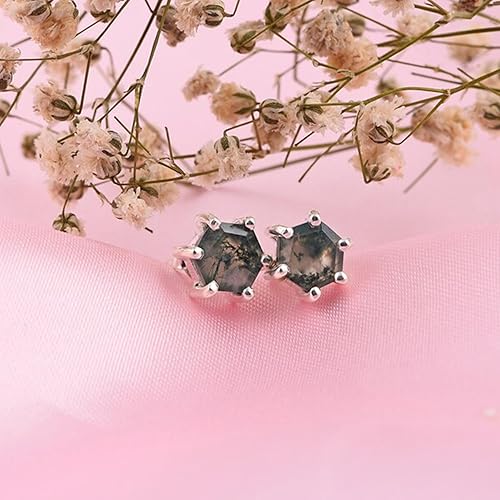 Miniatura 6 de Hexagon Cut moss agate studs, Natural moss agate earring, moss agate earring, nature earrings, 925 sterling silver stud,moss jewelry Free Ship