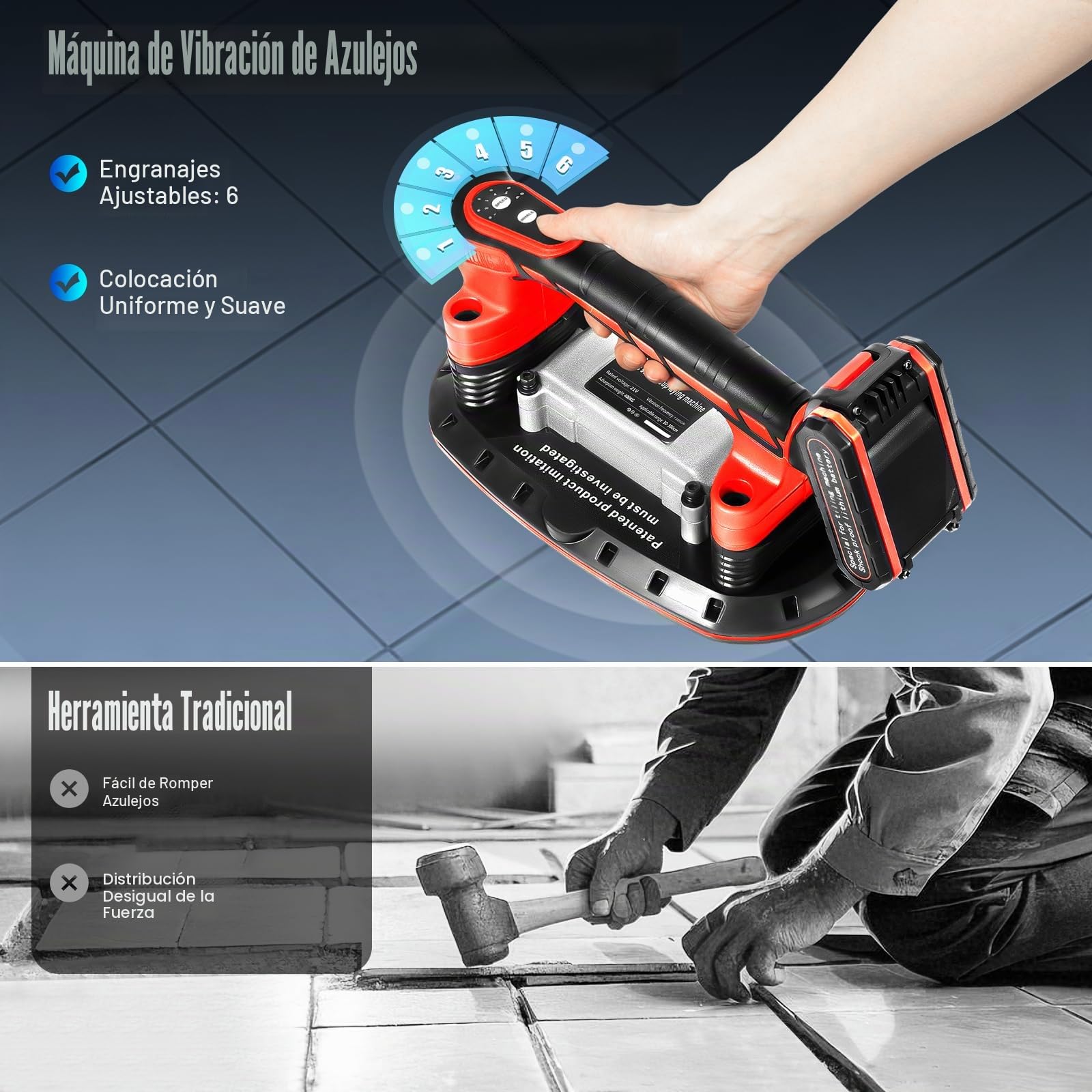 Herramienta de vibración eléctrica para azulejos con ventosa al vacío, velocidad de 6 niveles para granito, vidrio, cerámica y porcelana (herramienta profesional para colocación de baldosas)