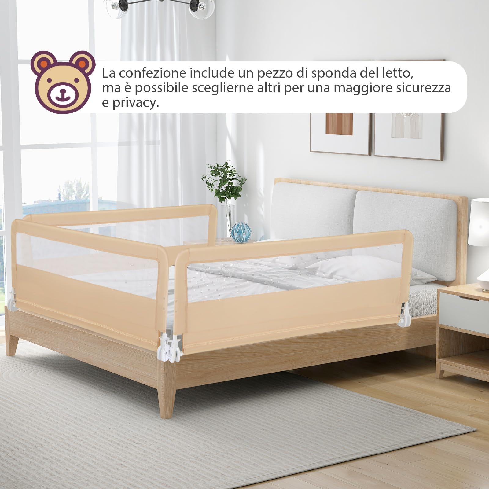 COSTWAY 150 cm Sponda da Letto per Bambini, Barra Protettiva Pieghevole per Letto con Copertura Removibile, Rete Traspirante, Barriera Universale Abbattibile, 150 x 55 cm (Beige)