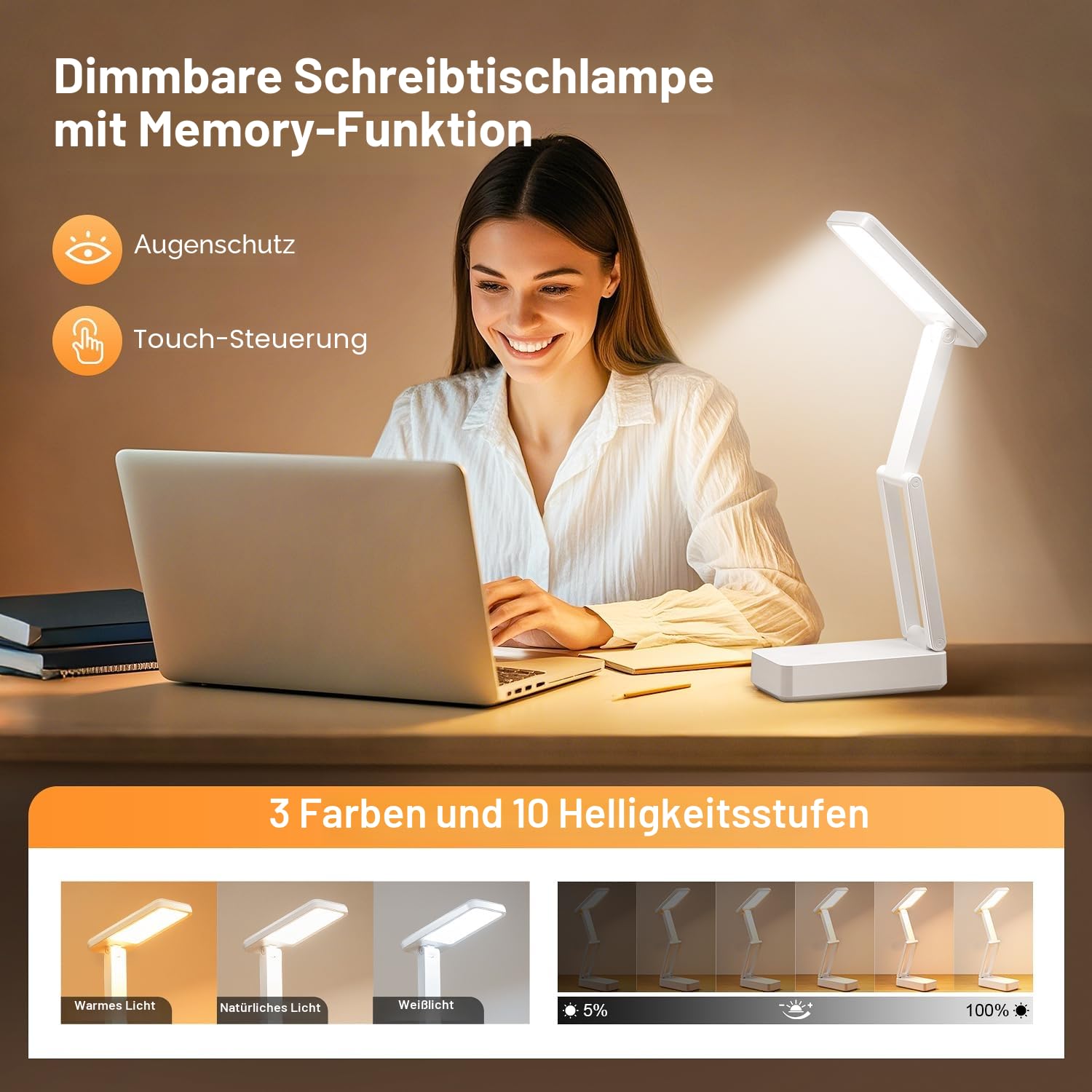 6000mAh Akku Tischlampe Kabellos, 3 Farben+Dimmbar Schreibtischlampe Kinder, Faltbar+Tragbar Led Tischlampe Akku Lampe, Nachttischlampe Touch Lampe mit Timer, Leselampe Kinder, Campinglampe Aufladbar