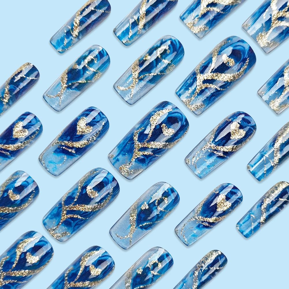Square Press On Nails Medium Fake Nails Blue False Nails Artificial Nail with Designs Stick on Nail for Women 24pcs image 3