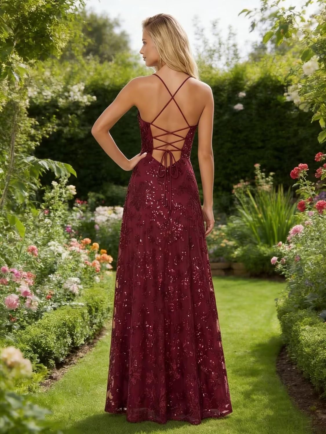 Fashionbride Lace Sequins Prom Dresses 2026 for Women Spaghetti Straps Formal Evening Dress Cowl Neck Pleated Ball Gown