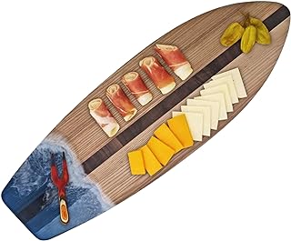 Urthwood Studios Hand Made Ocean Waves Epoxy Resin Surfboard, Cheese Meat Fruit Dessert Charcuterie Board Black Walnut Wood Cutting Board Party Serving Tray 21" x 7-1/2''