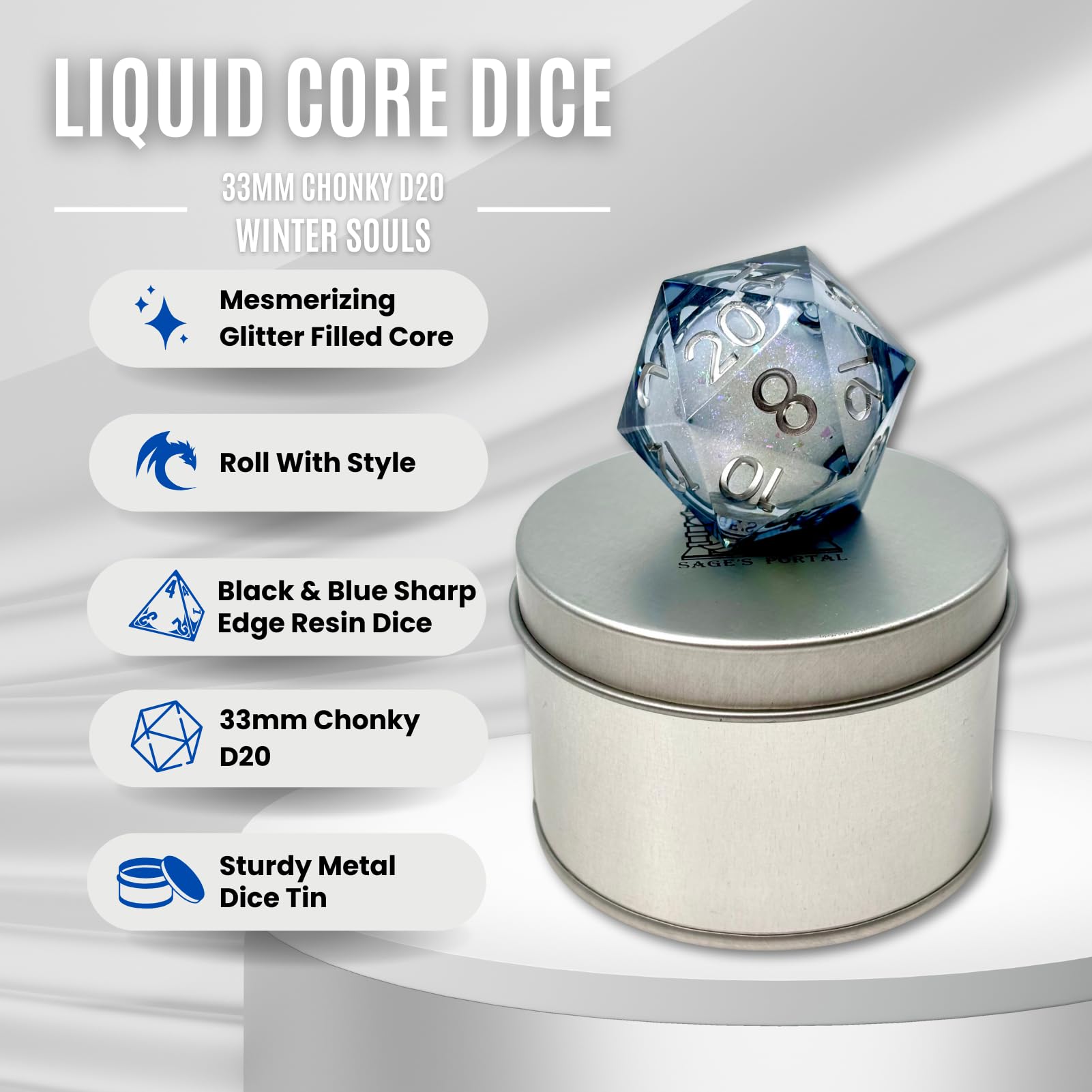 Sage's Portal Souls Liquid Core D20 33mm Chonky Sharp Edge Resin Die DND Dice for Dungeons and Dragons RPG Tabletop TTRPG (Winter Souls)
