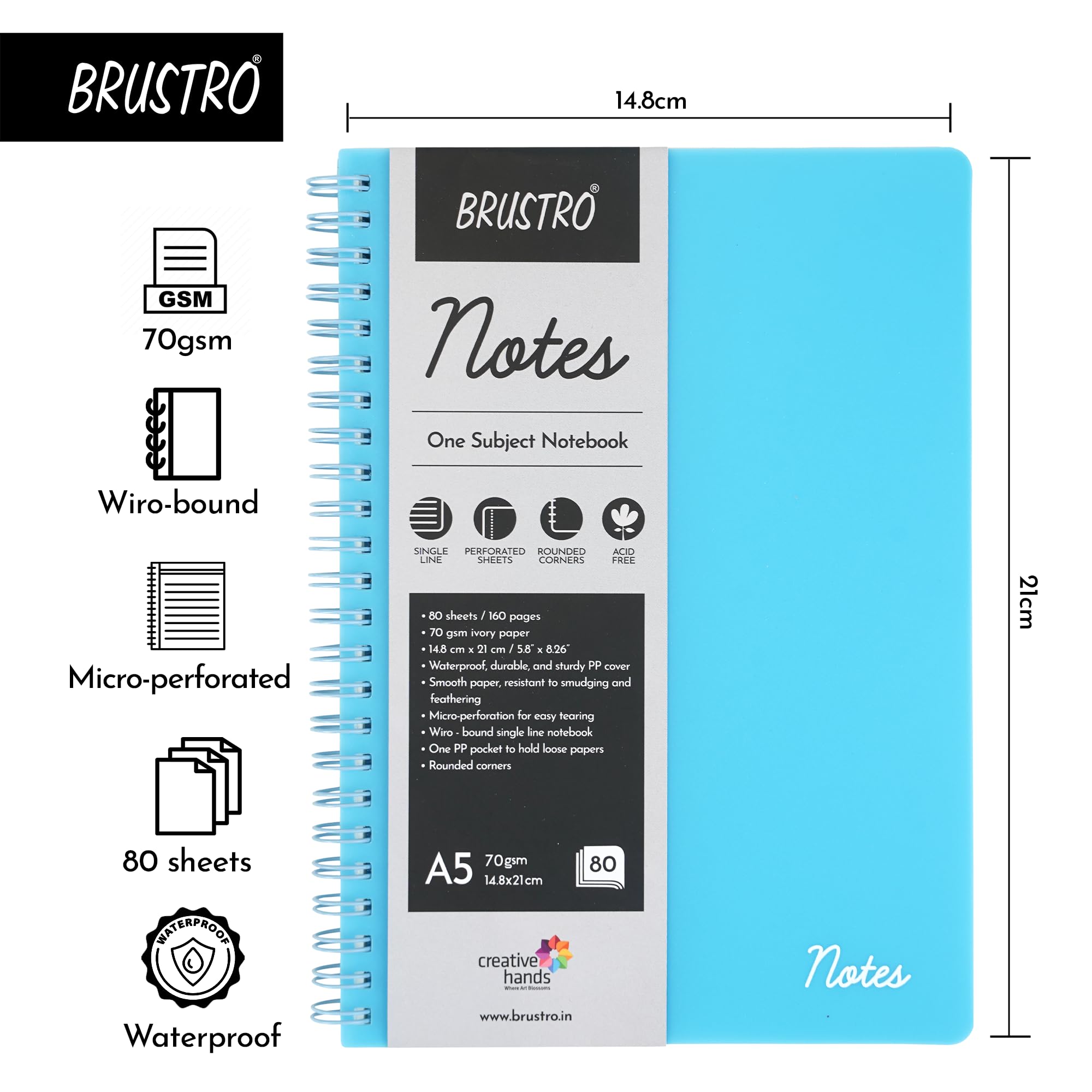 BRUSTRO Notas tamaño A5, cuaderno de 1 materia rayada, 80 hojas/160 páginas, papel marfil de 70 g/m², cubierta aguamarina, diseño encuadernado con alambre, esquinas redondeadas, hojas microperforadas