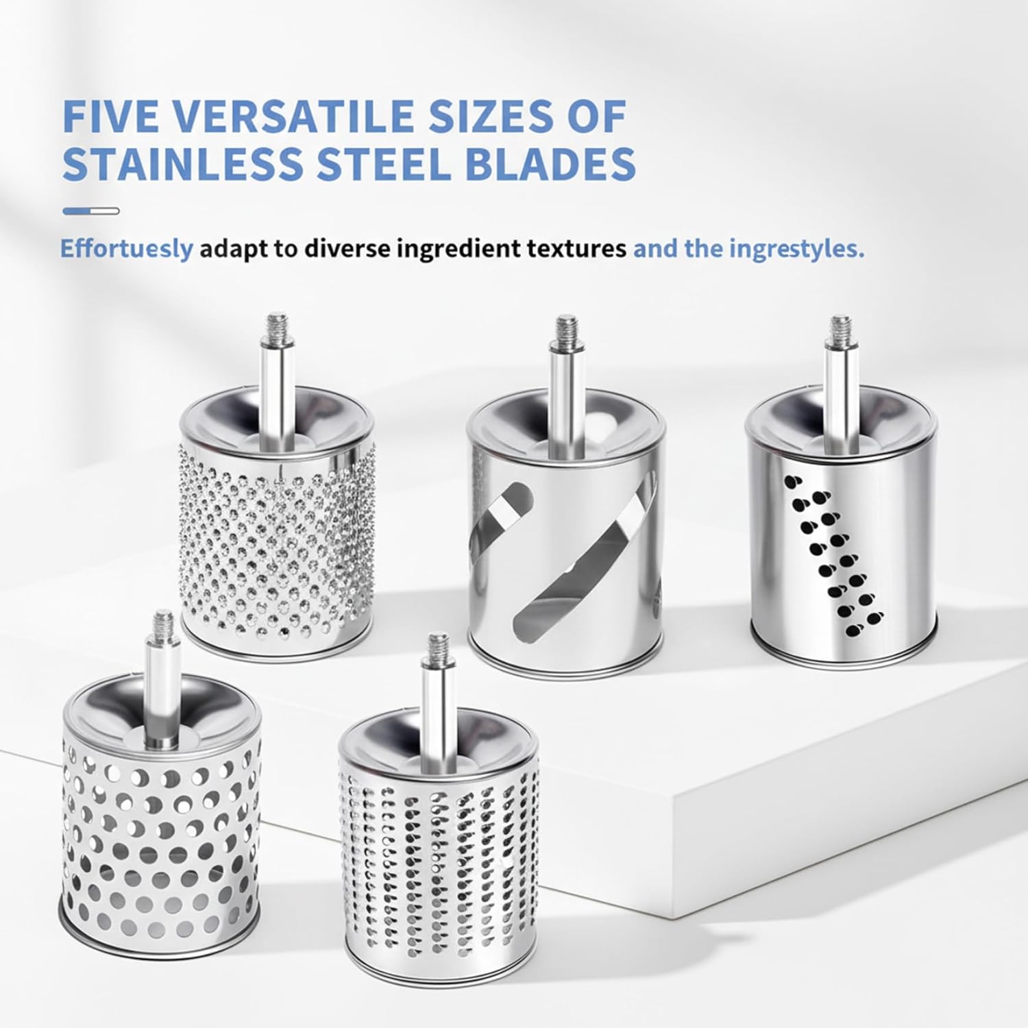 Rotary Hand Crank Cheese Grater with 5 Blades & Suction Base, Stainless Steel for Vegetables