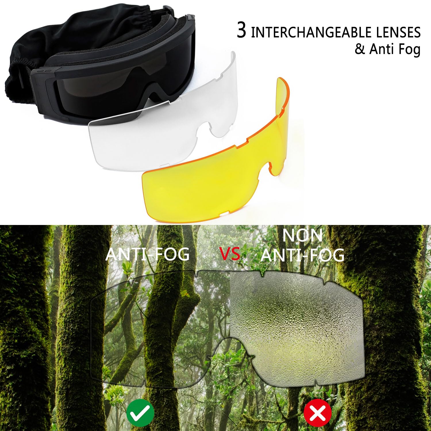 SPOSUNE Lunettes Tactiques Polycarbonate 3 Lentilles Anti-Choc UV400 Protection Totale Airsoft Chasse et Moto Hommes Femmes