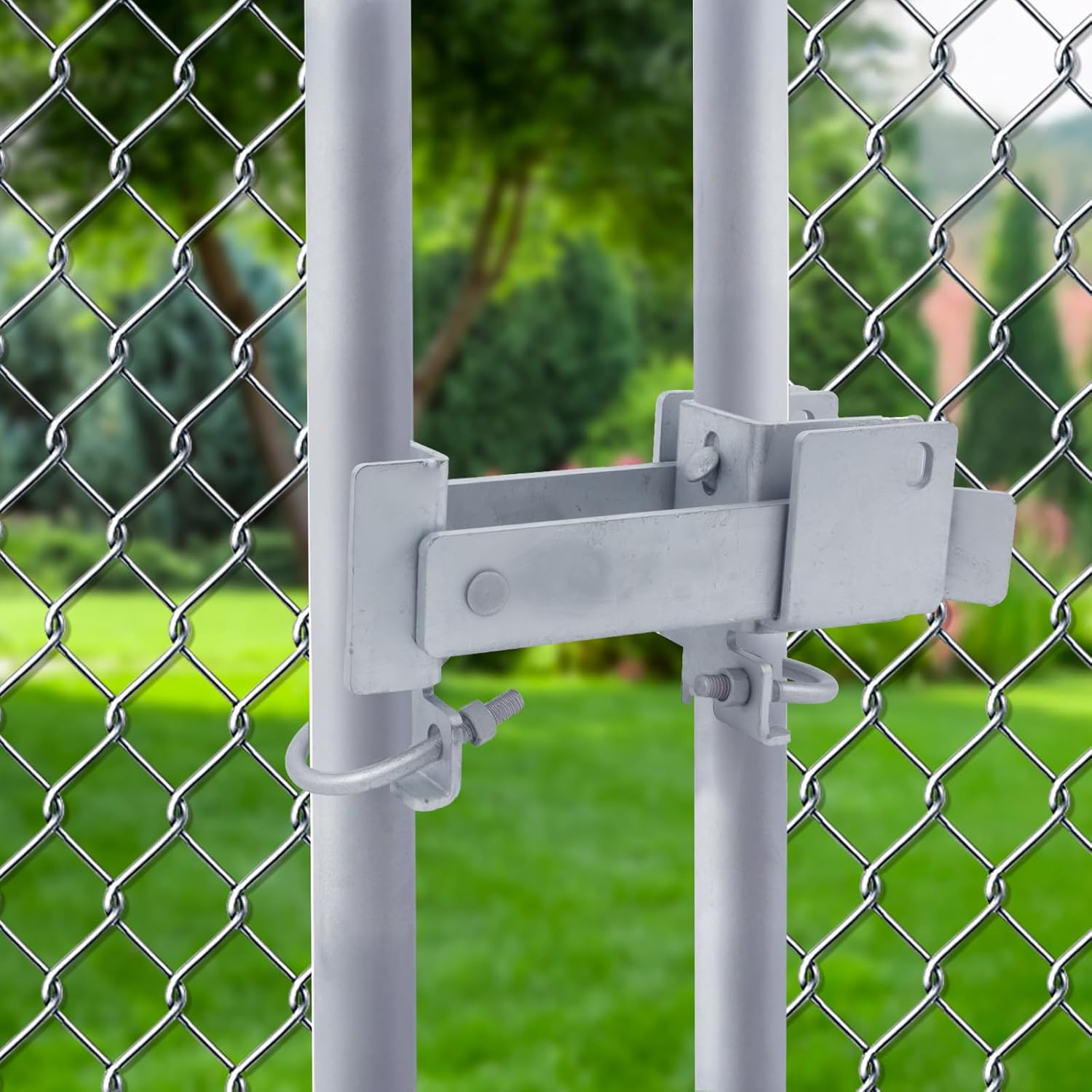 Chain Link Commercial Strong Arm Double Gate Latch -Chain Link Double Gate Latch for 1-5/8 inches Thru 2 inches Gate Frames Without The Need of a Drop Rod (Silver)