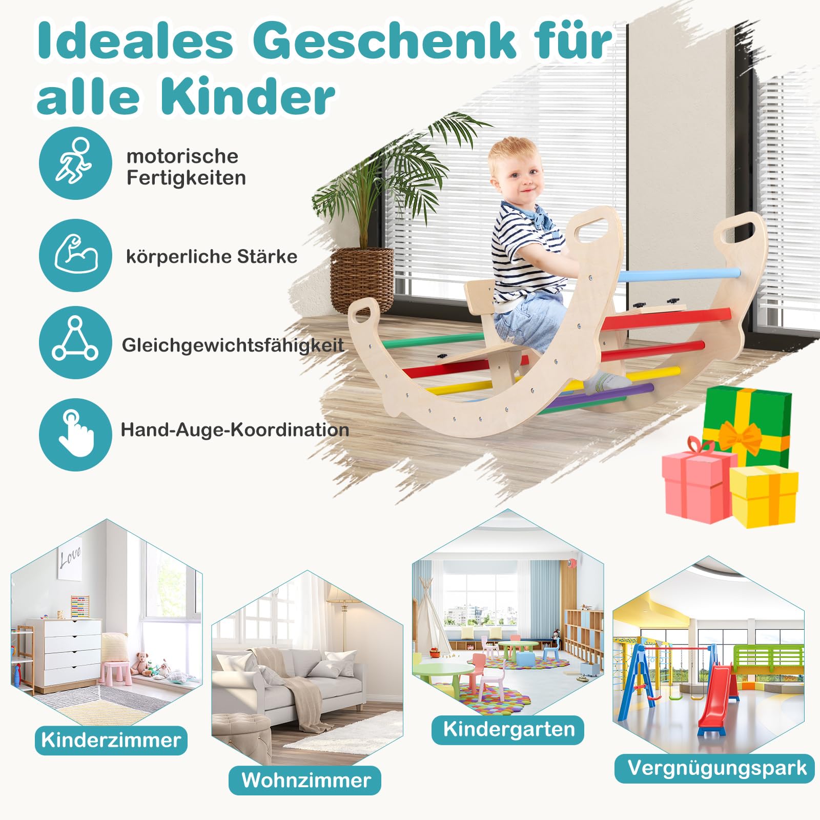 COSTWAY Kletterbogen, mit abnehmbarem Sitz, 4 in 1 Klettergerüst Indoor zum Wippen, Schaukeln, Klettern und Krabbeln, Kletterdreieck Holz, Bogenwippe für Kinder ab 1 Jahre, Sitzhöhe 23,5cm (Bunt)