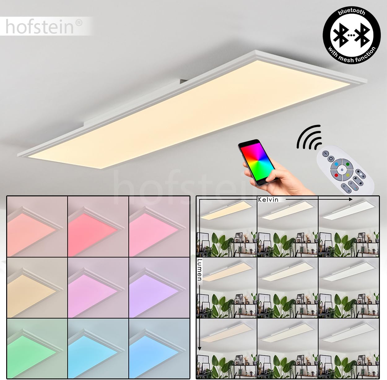 Hofstein Vex LED Ceiling Panel with remote control and smartphone app interface