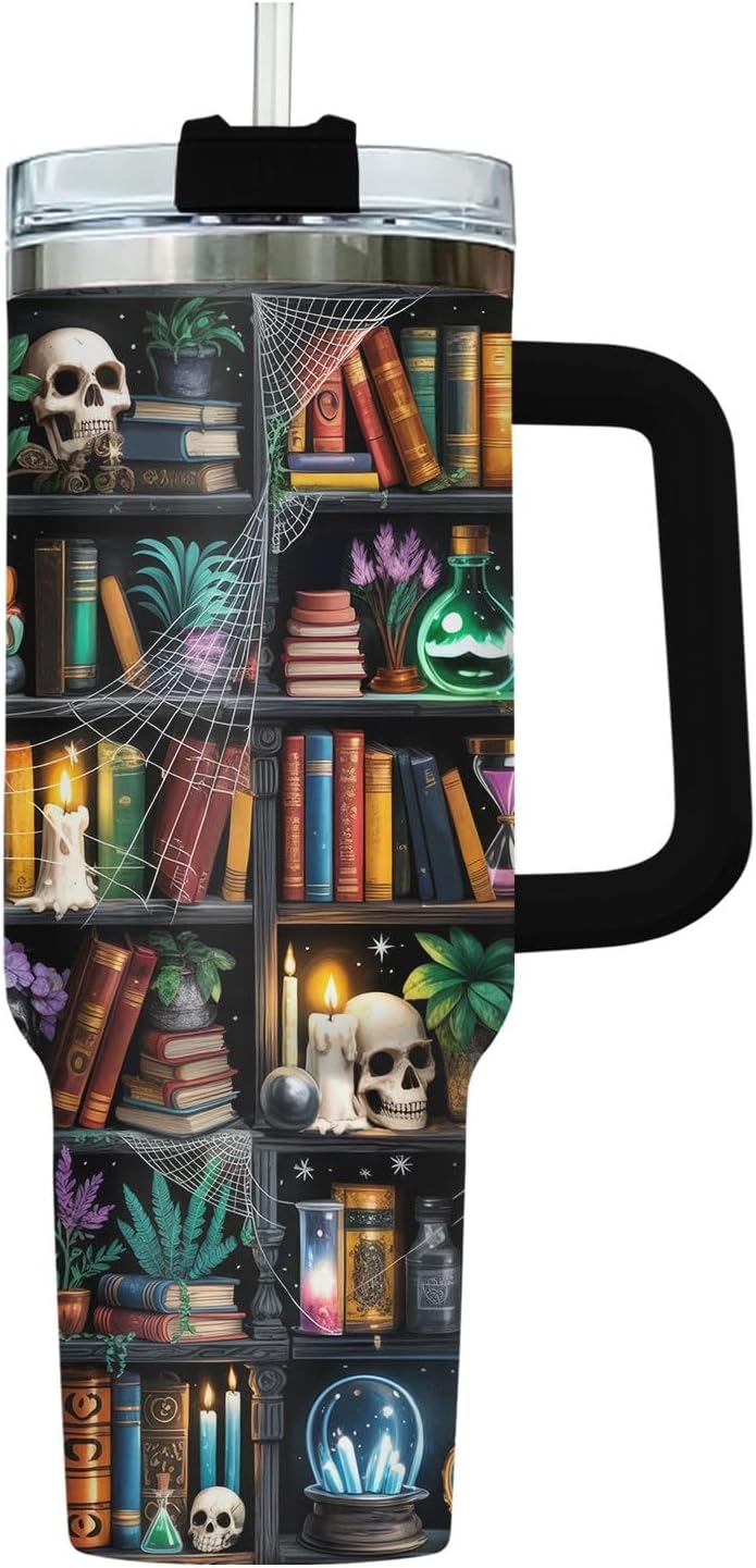 Reading Bookshelf Tumbler 40oz With Handle And Straw, Insulated Stainless Steel Travel Cup, Bookish Water Bottle For Daily Use, Birthday Gift For Book Lovers