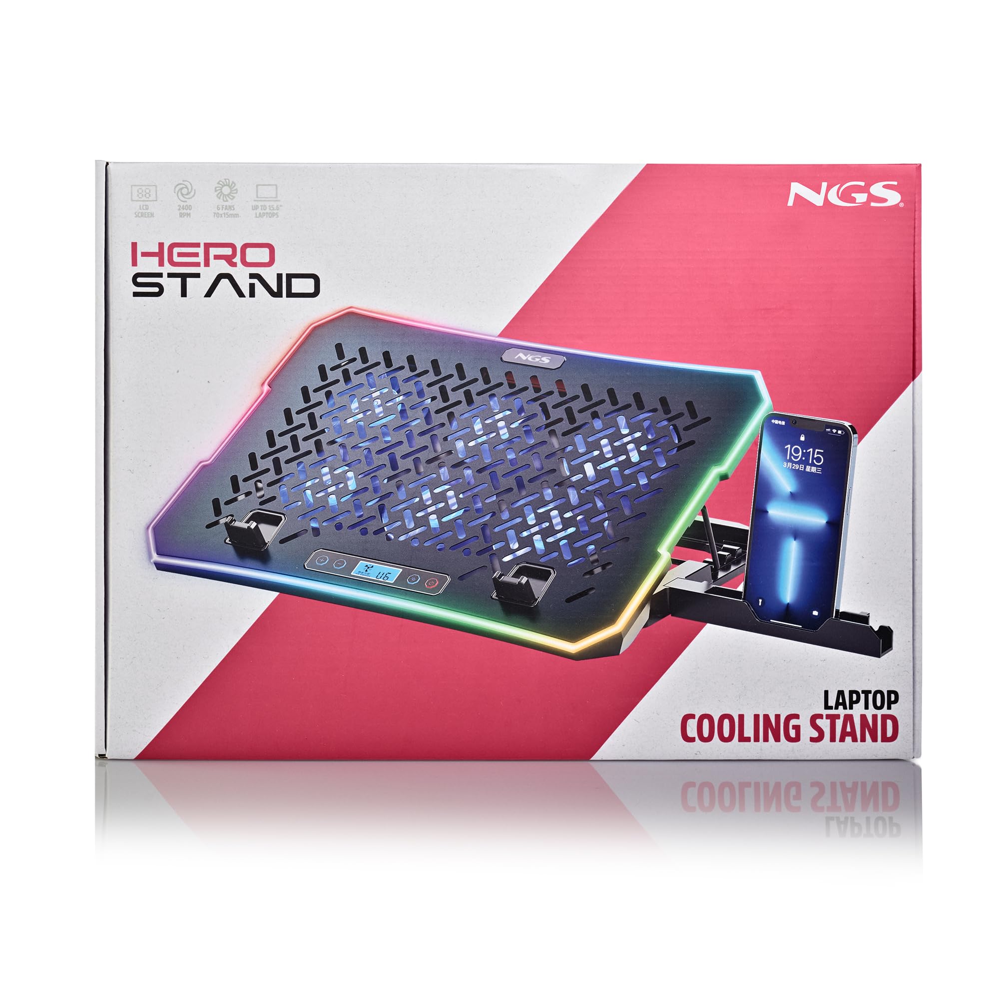 NGS Hero Stand - Base di raffreddamento per laptop, 6 ventole silenziose, RGB, LCD, regolabile, USB, 2400 RPM