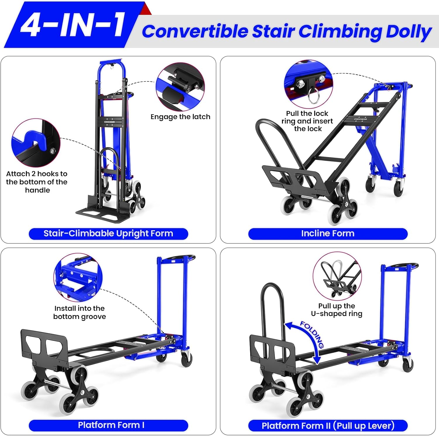 4-in-1 Stair Climbing Cart/Hand Truck Dolly,Convertible Platform Cart Blue | 1000lb platform,600lb tilt,550lb stair, aluminum alloy frame,for warehouse garage office supermarket,stairs grass gravel thumbnail