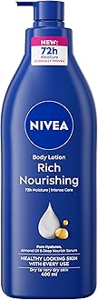 NIVEA Rich Nourishing Body Lotion (400ml), Rich 72H Hydration Moisturiser for Dry Skin Made with Deep Moisture Serum and Almond Oil, Intensive Hydration Body Lotion