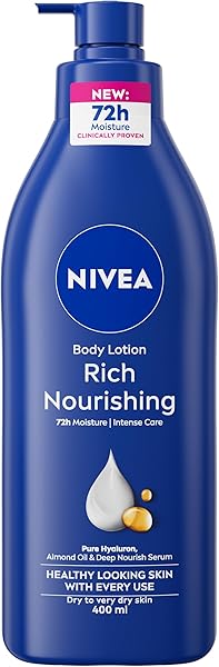 NIVEA Rich Nourishing Body Lotion (400ml), Rich 72H Hydration Moisturiser for Dry Skin Made with Deep Moisture Serum and Almond Oil, Intensive Hydration Body Lotion - 1
