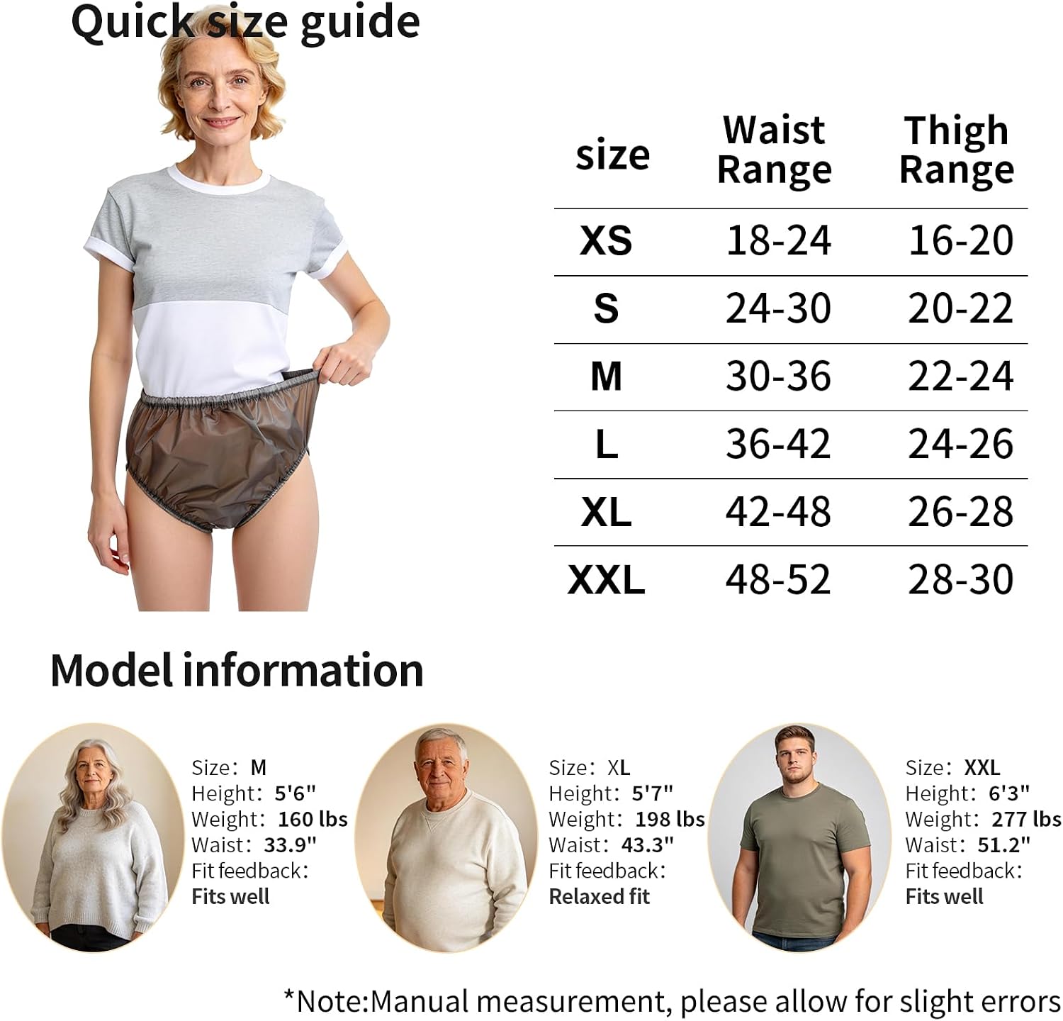 Adult Incontinence Diaper Covers, 3 Pack Reusable Washable Plastic Pants & Rubber Underwear for Adults, Black L Unisex for Home, Sports & Travel
