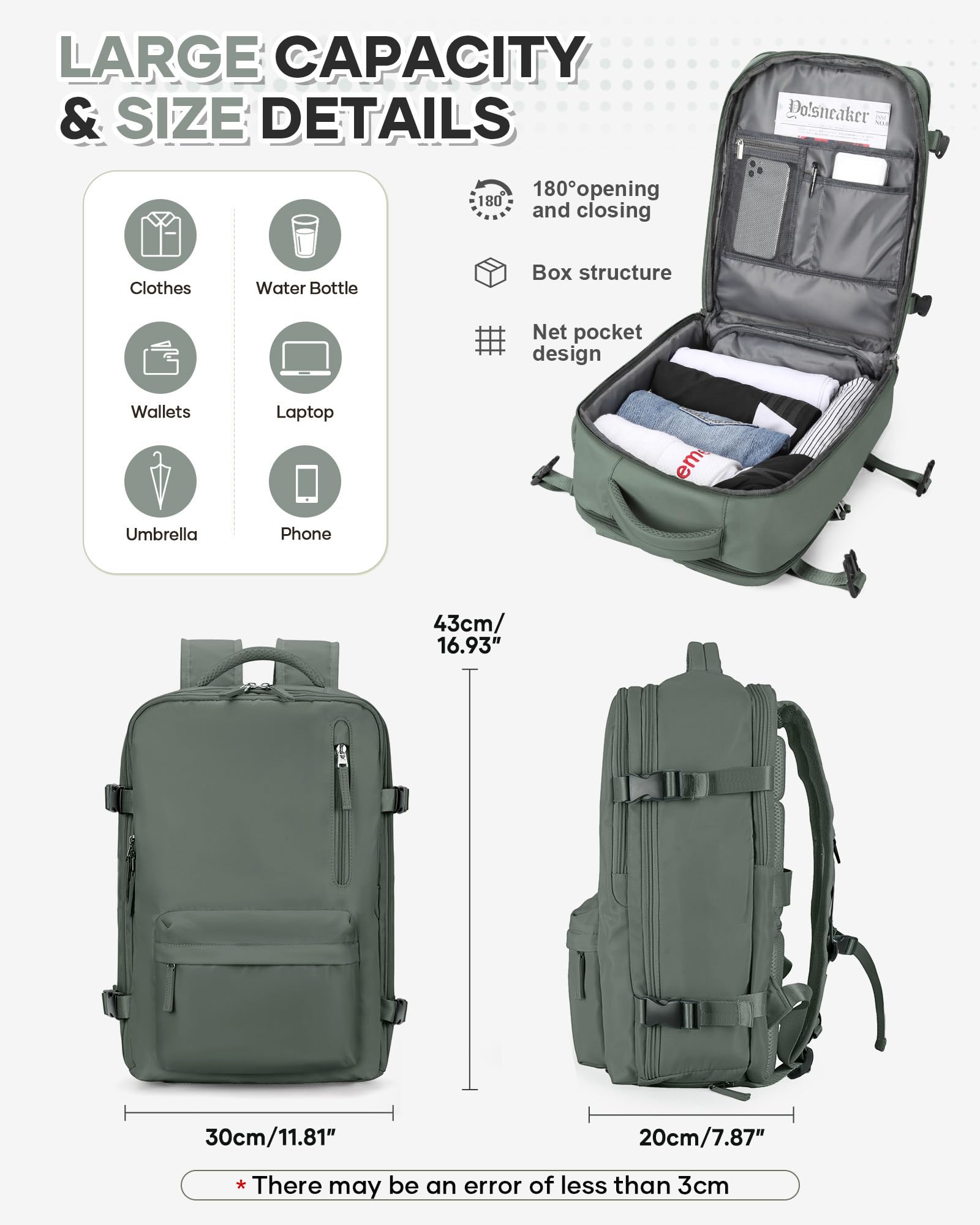 VECAVE Mochila de viaje para laptop para mujeres y hombres, mochila aprobada para vuelos, mochila informal para fin de semana, negocios, senderismo, A-verde oscuro-6, Small, Mochilas de viaje