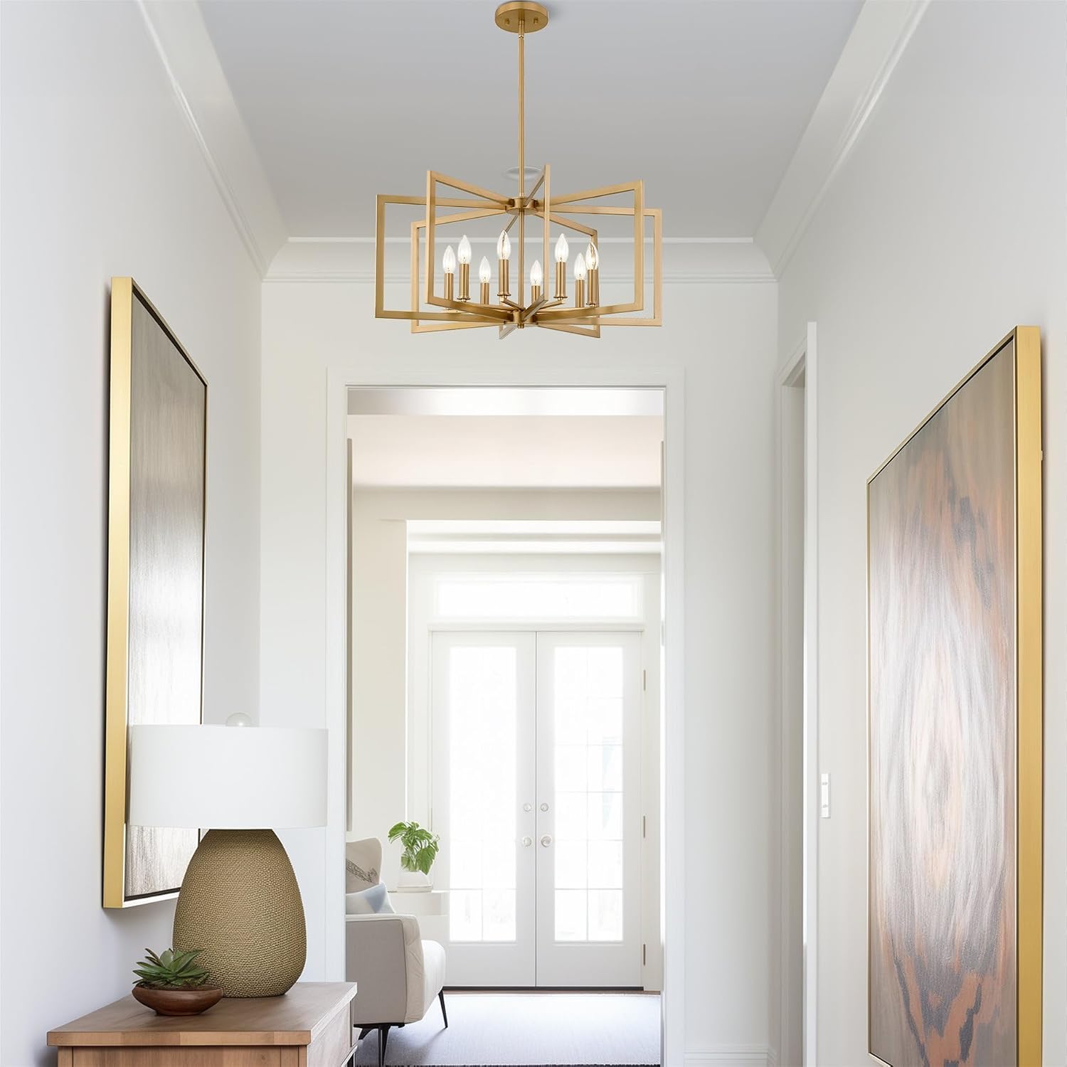 Kira Home Glam 27" 8-Light Modern Gold Chandelier, Mid-Century Geometric Gold Hanging Light with Open Frame, Cool Brass Finish