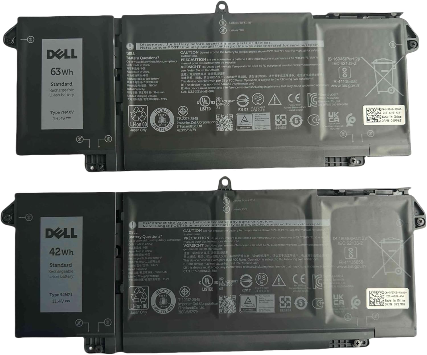 DELL 7FMXV 15.2V 63Wh 4-Cell Rechargeable Battery For DELL Latitude 5320 2-in-1,7320 2-in-1,7420 2-in-1, 7520 Laptops P/N: P133G P134G P135G P136G P138G P139G P110F 0727CG 0TN2GY TN2GY 9JM71 HDGJ8
