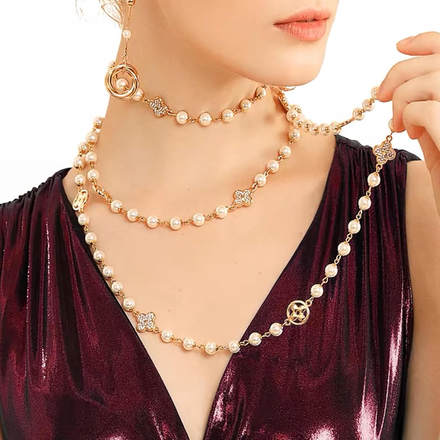 Extra Long Layered Pearl Necklace for Women - Adjustable 8MM Simulated Shell Pearls Multi-Wrap Chain, 3-Tier Dainty Jewelry for Daily Stacking, Party Outfits & Christmas Gifts - Image 4