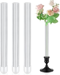 3 Pcs 7.9" Bud Vase Taper Candle Holder's Acrylic Striped Bud Vase with Silicon Rubber Case Designed Specially for Taper Candle Sizes from 22mm to 27mm for Wedding Tablescapes Decoration