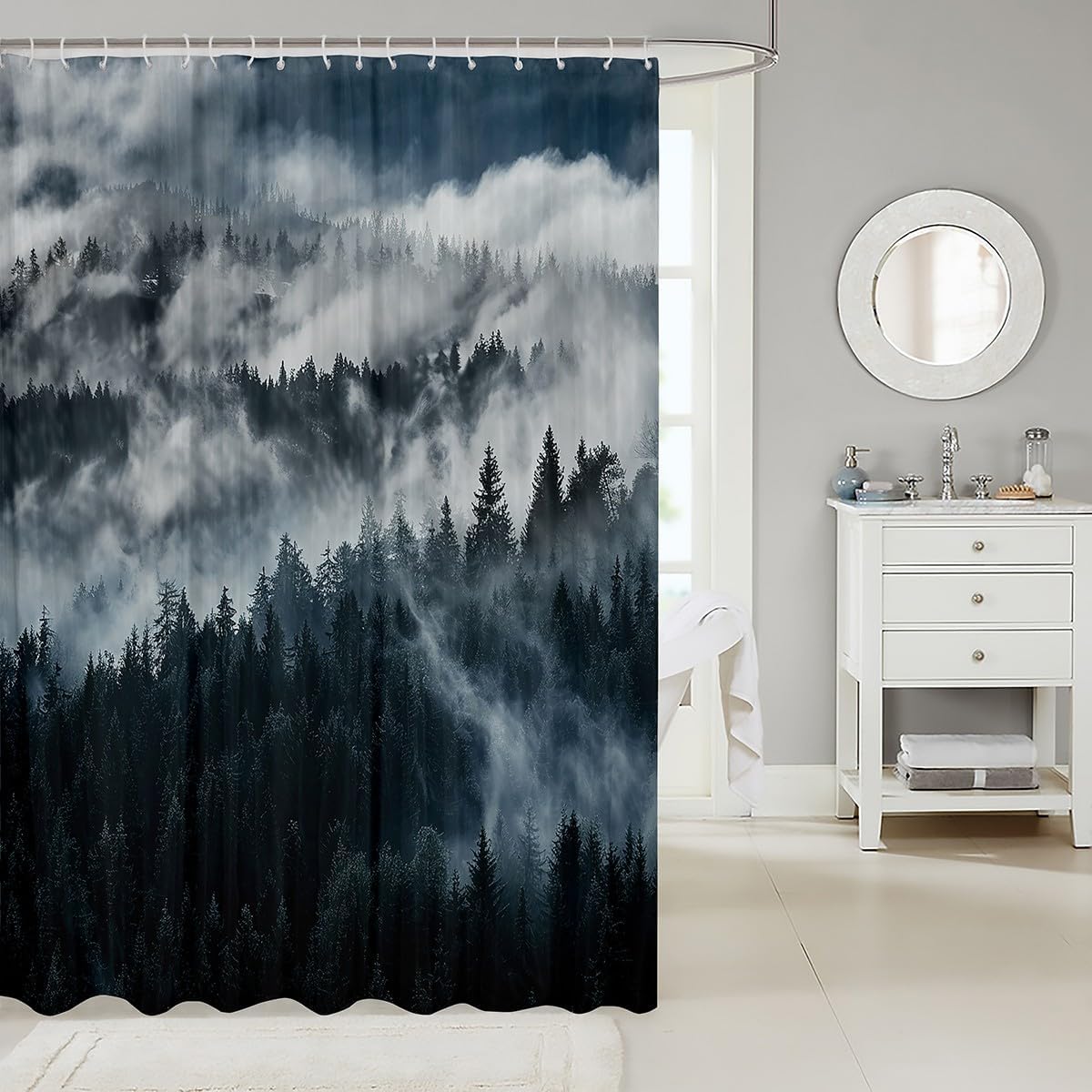 Smoky Mountain Curtain Pineforest Shower Curtain 72Wx84H,Grey Trees Natural Scenery Art Bathroom Curtain,Mountain with Firforest Arrow Folk Style Retro Print Bathtubs Shower Curtains Set,Waterproof