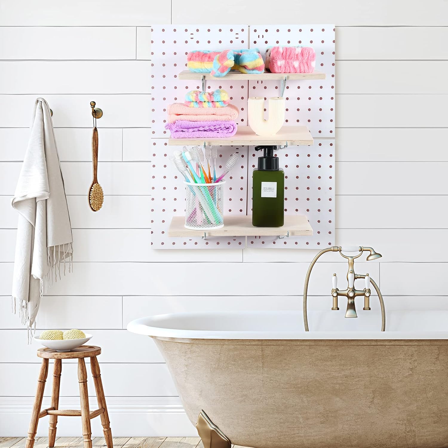 Blulu 4 Set Large Pegboard Shelf Kit Fiberboard peg Board Shelving Storage Brackets Stain Resistant Peg Board Organizer Shelves Pegboard Accessories for Wall(11.8 x 5.9 x 0.5 Inches,Wood Color)