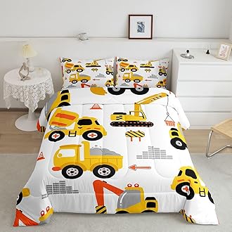 Feelyou Cartoon Car Comforter Set Kids Construction Comforter for Boys Equipment Trucks Bedding Set Breathable Cartoon Yellow Car Excavator Tractor Duvet Set Room Decor Quilt Set King Size