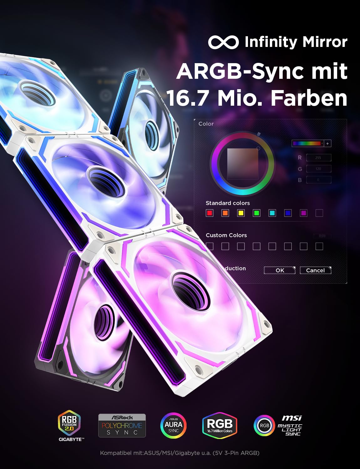 AsiaHorse COSMIQ RGB PC Lüfter 120MM Gehäuselüfter 3 Stück, ARGB Daisy Chain PC Lüfter [Infinity Mirror] [FDB] 2000 RPM/68,5 CFM/24 LEDS 4 Pin PWN & 5V 3Pin ARGB mit Controller. Weiß