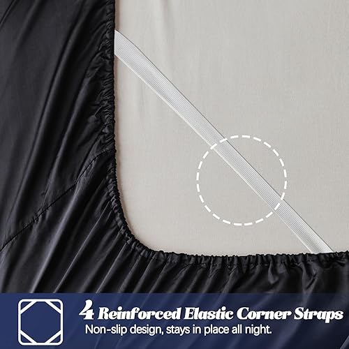 Miniatura 3 de MR&HM Sábana bajera de satén tamaño California King, sábana inferior sedosa con correas elásticas en las esquinas, bolsillo profundo de hasta 15