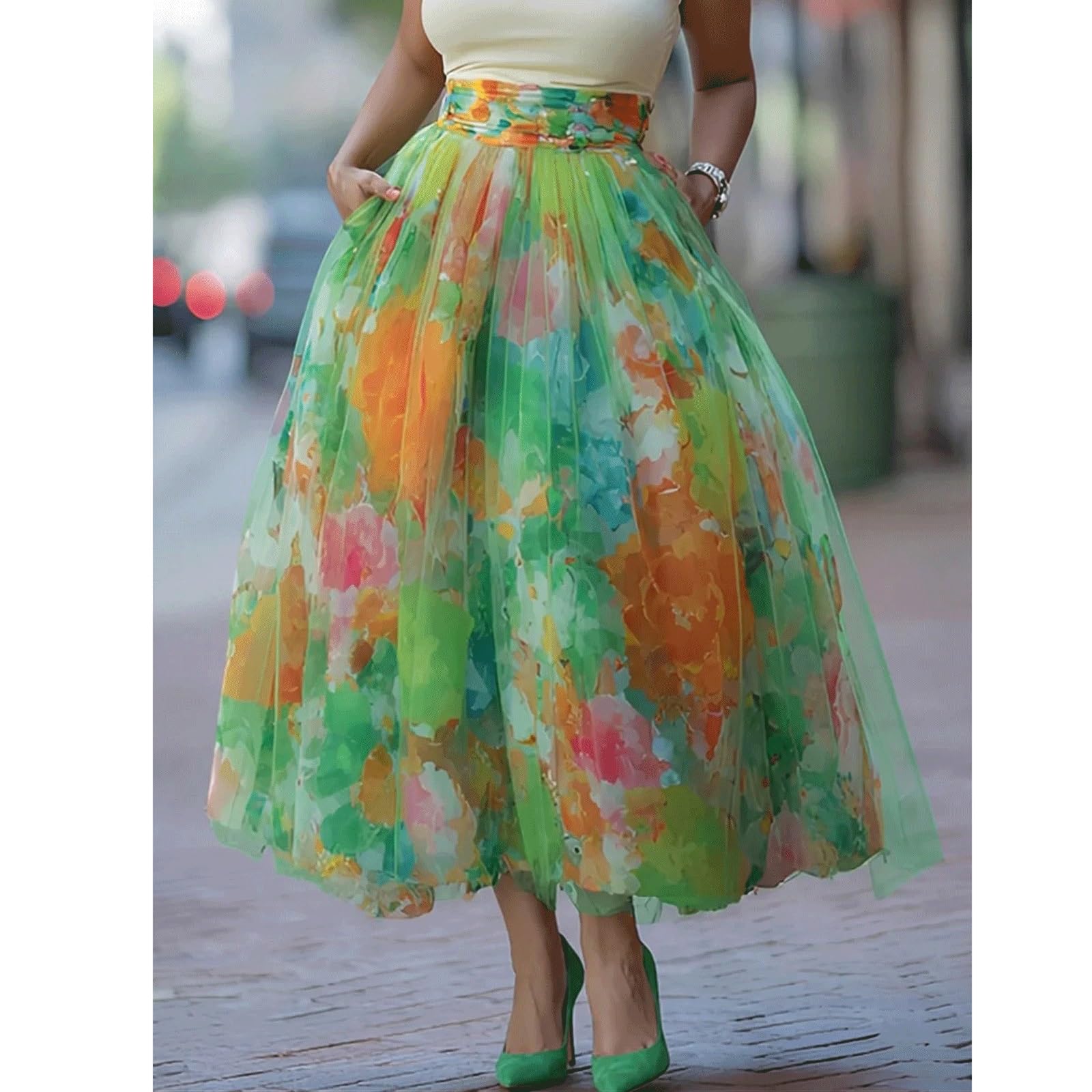 DUddTTW Printed Women's Midi Skirt A-Line Skirts Colorful Maxi Skirts Flared High Waisted Swing Skirt Midi Length Flowy Skirt Lightweight(Gr�n,Lagre)