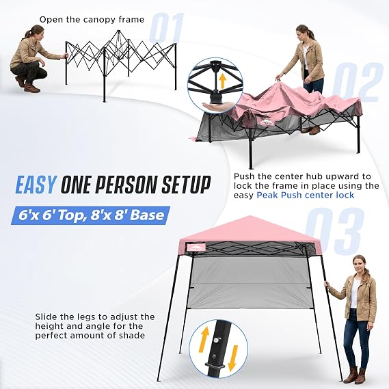 EAGLE PEAK 8x8 Pop Up Canopy Tent with Sidewall, Compact, Portable Slant Leg Instant Sun Shelter for Beach, Sports, Camping, 8x8 Base 6x6 Top, Tender Pink